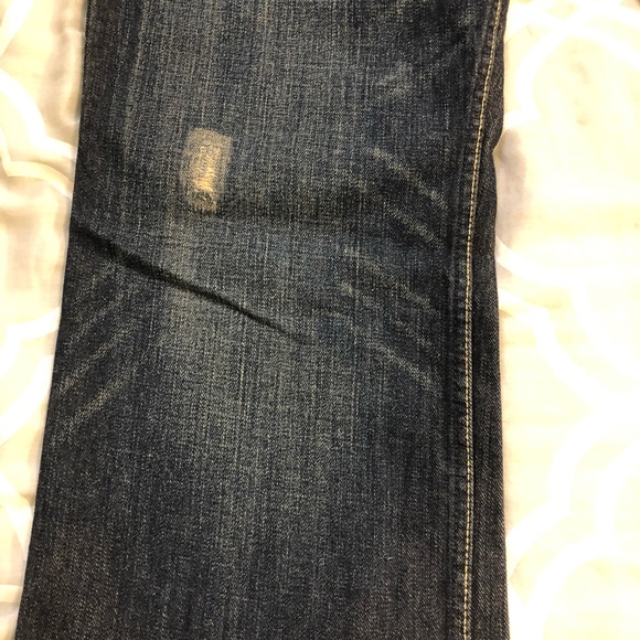 Indigo dark blue Men’s Jeans warn washed hand sand ripped mid rise bootleg Denim - Picture 6 of 11
